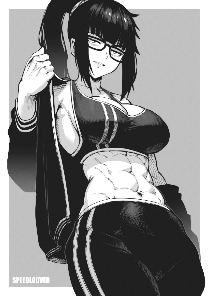 1girls abs adidas black_hair cleavage clothed glasses huge_breasts jacket monochrome muscular_female original ponytail smile speedl00ver sports_bra tagme