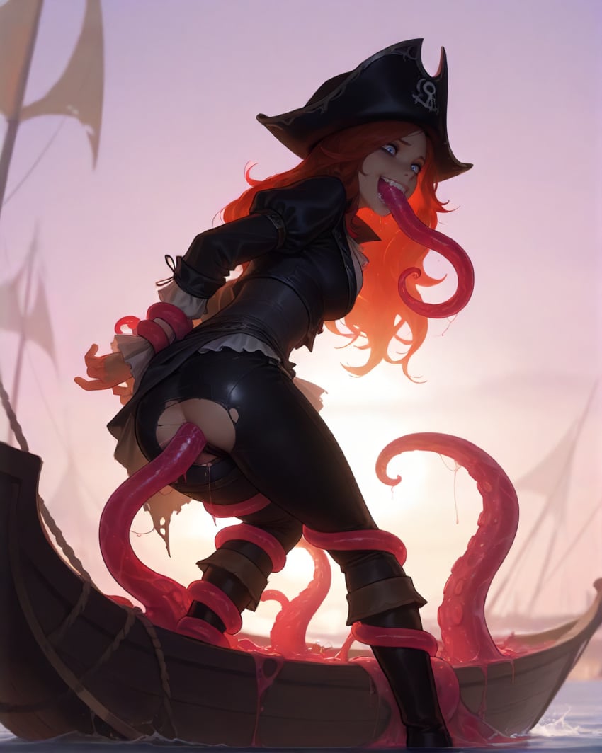 ai_assisted ai_generated all_the_way_through anal clothed female hat league_of_legends miss_fortune red_hair restrained tentacle tentacle_restraint