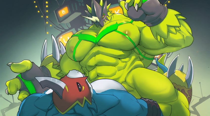 abs anthro armor bandai_namco bulkmon cowgirl_position digimon digimon_(species) duo flamedramon from_front_position headgear helmet hi_res male male/male muscular muscular_anthro muscular_male nipples nude on_bottom on_top pecs sex size_difference steen