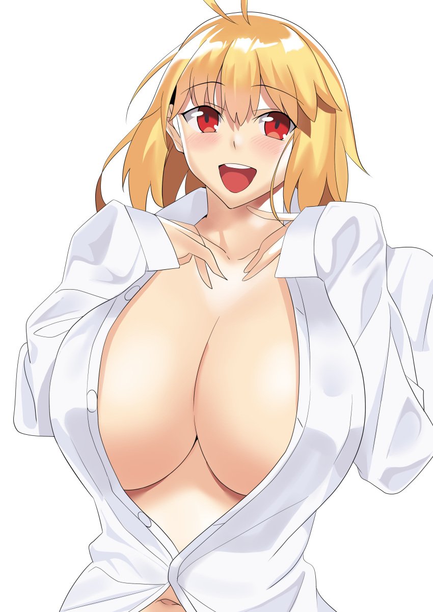 arcueid_brunestud big_breasts blonde_hair breasts breasts_bigger_than_head enormous_breasts female female_only flashing_breasts huge_breasts large_breasts no_bra red_eyes shirt shirt_lift short_hair solo top_heavy tsukihime type-moon unbuttoned_shirt