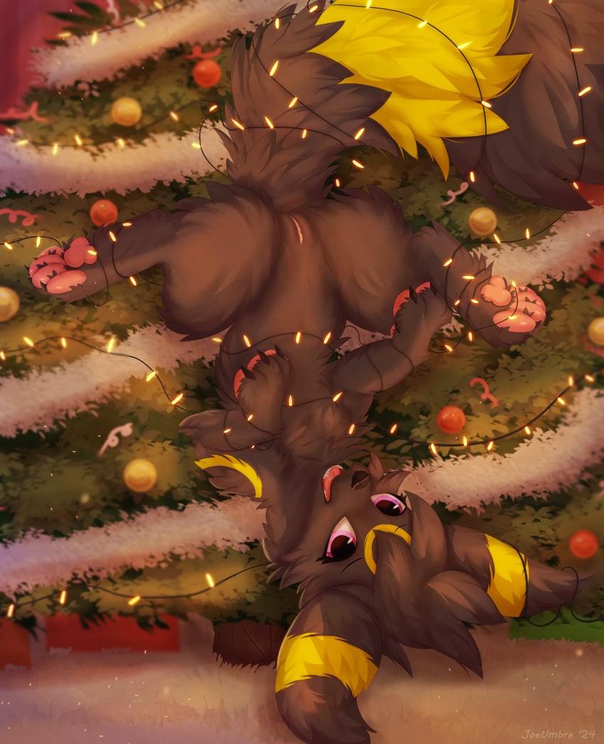 absurd_res arm_tuft arms_tied big_ears big_tail bondage bondage bound box brown_body brown_fur canid carpet cheek_tuft christmas christmas_tree claws colored container eeveelution elbow_tuft embarrassed facial_tuft female feral festive fluffy fluffy_chest fluffy_ears fluffy_tail fur generation_2_pokemon genitals gift gift_box grey_body grey_fur hair hi_res holidays joeumbre legs_tied light lighting lights looking_at_viewer mammal meika_(meikabre) neck_tuft nintendo open_mouth ornament pawpads pink_eyes plant pokemon pokemon_(species) presenting purple_eyes pussy raised_arms raised_leg restricted shaded short_hair solo string string_lights surprise surprised_expression tail teeth themed tongue tree tuft umbreon upside-down yellow_body yellow_fur