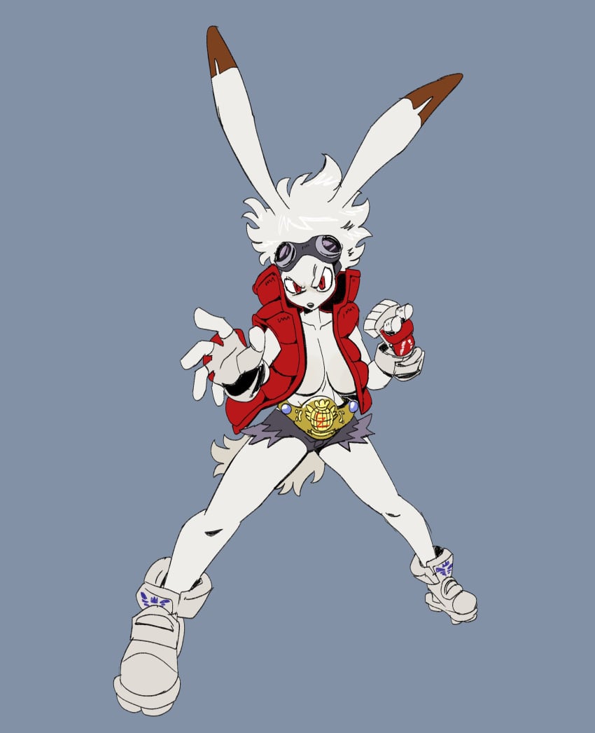 anime anthro big_breasts championship_belt furry furry_female goggles king_kazma lemuzaurio rabbit rabbit_ears red_eyes red_gloves red_jacket rule_63 short_shorts sneakers summer_wars white_fur