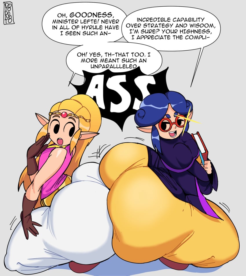 2girls ass ass_to_ass big_ass blonde_hair blue_hair book bottom_heavy bubble_butt crouching dat_ass dialogue dotodonoto echoes_of_wisdom fat_ass glasses huge_ass large_ass massive_ass minister_lefte princess_zelda shoes squatting text the_legend_of_zelda thick_ass thick_thighs thunder_thighs wide_hips zelda_(echoes_of_wisdom)