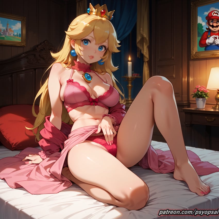 1girls ai_generated artist_name big_breasts blonde_hair bra breasts breasts clothed clothing colored digital_media_(artwork) female female_focus female_only front_view hi_res large_breasts legs legs_apart long_hair mario_(series) masturbation panties princess_peach psyopsai solo solo_focus spread_legs stockings thighhighs thighs uncensored underwear vagina watermark