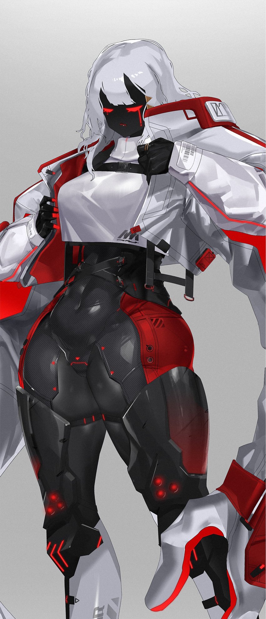 4_arms android crop_top echanis_enicha jacket markings red_eyes red_nails robot_girl white_hair