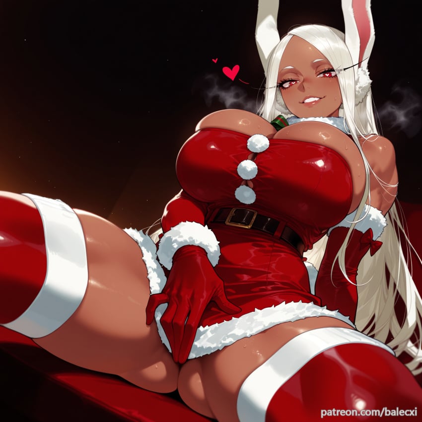 ai_generated animal_ears balecxi bare_shoulders belt christmas cleavage covering_crotch covering_privates dark_skin dress female fur_trim heart huge_breasts long_eyelashes long_hair looking_at_viewer mirko my_hero_academia parted_bangs patreon_username rabbit_ears rabbit_girl red_eyes red_gloves red_thighhighs santa_costume santa_dress sitting smile solo spread_legs strapless thick_thighs white_hair