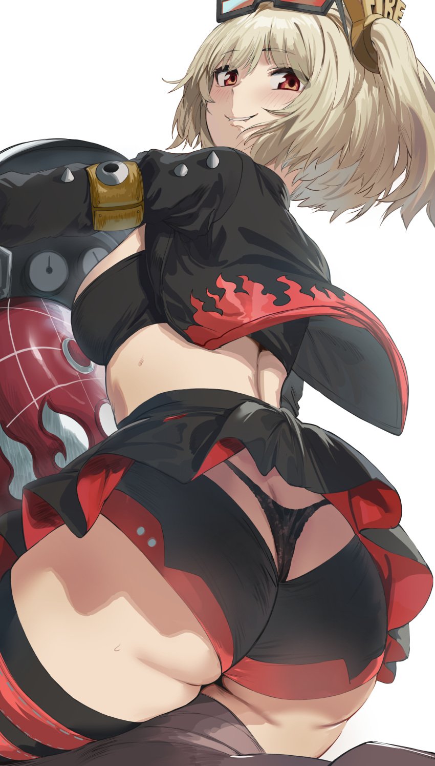 1girls ass ass_focus biting_lip blonde_hair blush breasts burnice_white eyewear_on_head female female_only from_behind glasses glasses_on_head hews_hack hi_res highres jacket light-skinned_female light_skin looking_at_viewer looking_back mihoyo skirt smile solo solo_female sweatdrop thighs thong underwear white_background zenless_zone_zero