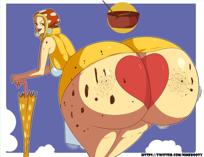 bandana bending_over blonde_female blonde_hair blue_eyes chocolate chocolate_on_ass chocolatier clothing earrings female female_only gigantic_ass gigantic_butt heart_on_ass heart_symbol huge_ass huge_butt mikita_(one_piece) miss_valentine nimebooty one_piece umbrella valentine's_day yellow_dress