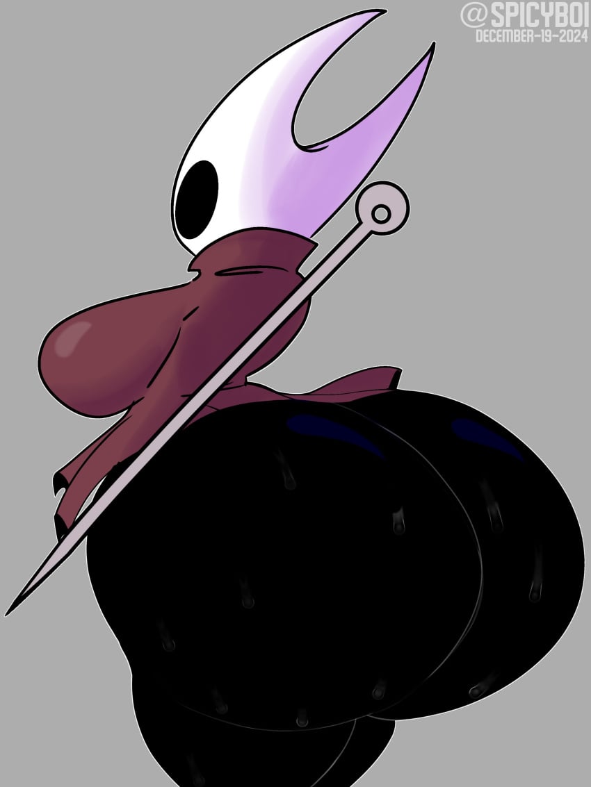 1girls arthropod ass ass_focus big_breasts black_skin breasts cloak dated female female_only grey_background hollow_knight hornet_(hollow_knight) huge_ass hyper_ass needle rear_view spicyboi sweat tagme twitter_username