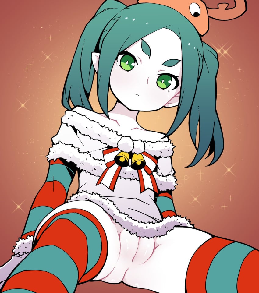 akableak christmas christmas_bells christmas_clothing christmas_outfit fat_pussy flat_chest half-dressed monogatari_(series) ononoki_yotsugi pantyhose pussy_focus small_breasts stockings tiny_breasts