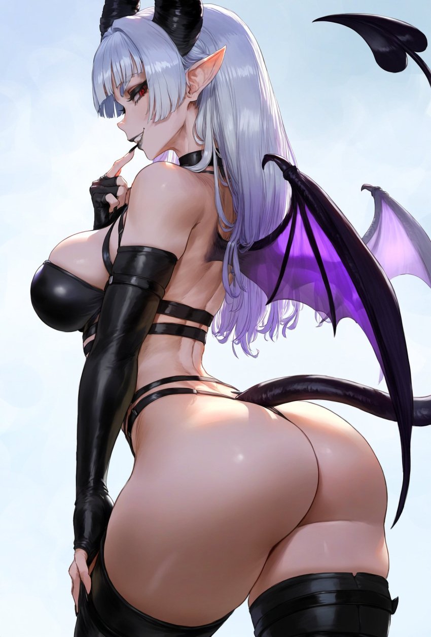 1girls 2d absurd_res absurdres ai_assisted ai_generated aipotions arched_back ass ass_focus back_view bangs black_fingernails black_lipstick breasts butt_crack color curvaceous curvy curvy_female curvy_figure demon_girl demon_horns demon_tail eyelashes fat_ass female female_only fetish_wear finger_on_lip hi_res highres horns huge_ass huge_breasts latex_clothing latex_gloves light-skinned_female light_skin long_fingernails looking_at_viewer looking_back mature_female oc original original_character pinup plump_ass pointy_ears pose posing presenting_ass presenting_hindquarters red_eyes seductive_look seductive_smile silver_hair simple_background slim_waist smiling smiling_at_viewer solo solo_female succubus succubus_horns succubus_tail succubus_wings tail thong tight_clothing voluptuous voluptuous_female white_hair wings