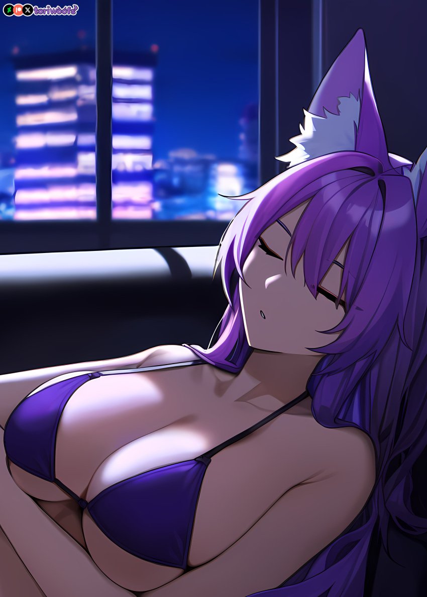 1girls ai_generated big_breasts big_breasts bikini breasts breasts breasts breasts curvy cute dog_ears dog_girl doggirl female female female_focus female_only highres hips huge_boobs huge_breasts kemonomimi light_skin light_skinned_female long_hair patreon_username petgirl petite purple_ears purple_eyes purple_hair purple_tail self_upload sleeping thick_thighs thighs tori toriwoofs watermark wavy_hair white_skin white_skinned_female wide_hips wolf_ears