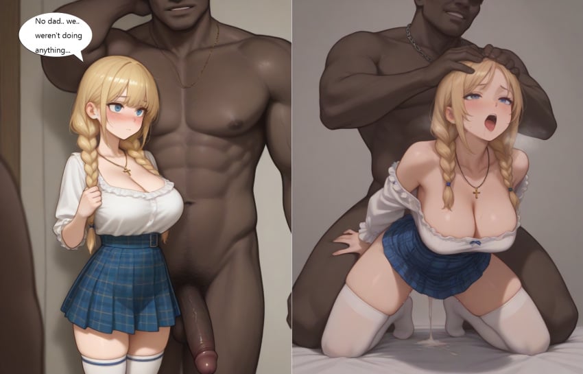 african_male ai_generated blacked blonde_hair blouse blue_eyes braided_hair cleavage cross_necklace cum cum_in_pussy cum_leaking dark-skinned_male daughter daughters_boyfriend doggy_style european_female finnish_girl interracial large_breasts large_penis larger_male light-skinned_female size_difference skirt snowbunny text_bubble thighhighs