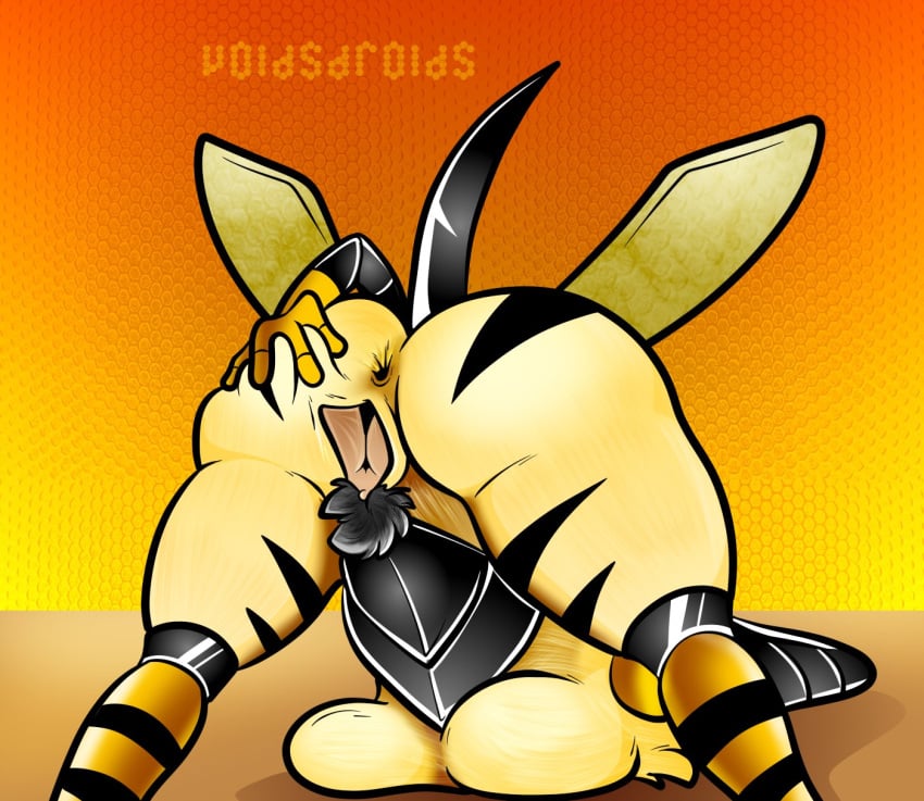 animal_humanoid anus armor arthropod arthropod_humanoid ass big_breasts big_butt black_armor black_pubes black_stripes breasts female genitals hi_res humanoid insect_humanoid insect_wings insects orange_background pubes pussy rear_view simple_background solo spread_pussy spreading stinger stripes thick_thighs voidsdroids wide_hips winged_humanoid wings yellow_body