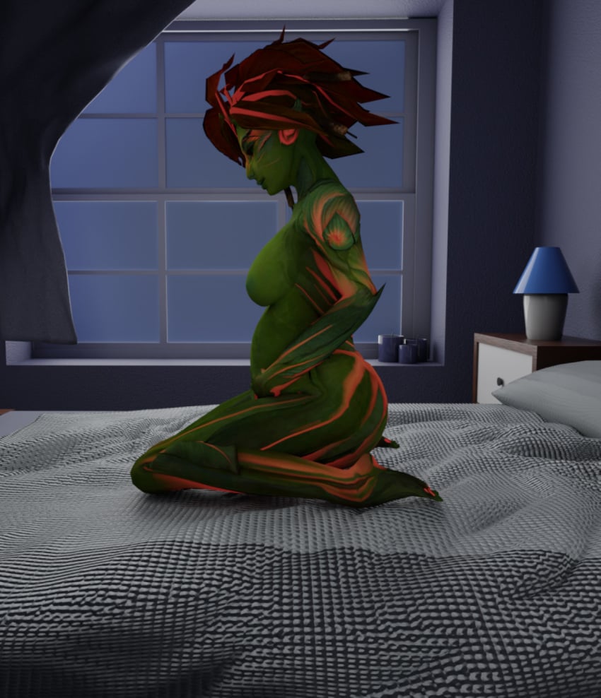 1girls 3d 3d_(artwork) bedroom big_breasts bioluminescence breasts female female_focus female_only flora_fauna ginger green_eyes green_skin guild_wars guild_wars_2 plant_girl pregnant pregnant_female shrexxter sylvari