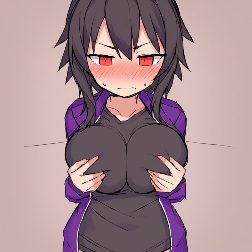 1girls ai_generated black_hair blush breasts clothed embarrassed grabbing_own_breast hands_on_breasts hands_on_own_chest highres king_(osmondai) large_breasts nervous oc_(osmondai) original original_character osmondai red_eyes short_hair soft_breasts solo squishy_breasts stable_diffusion sweatdrop