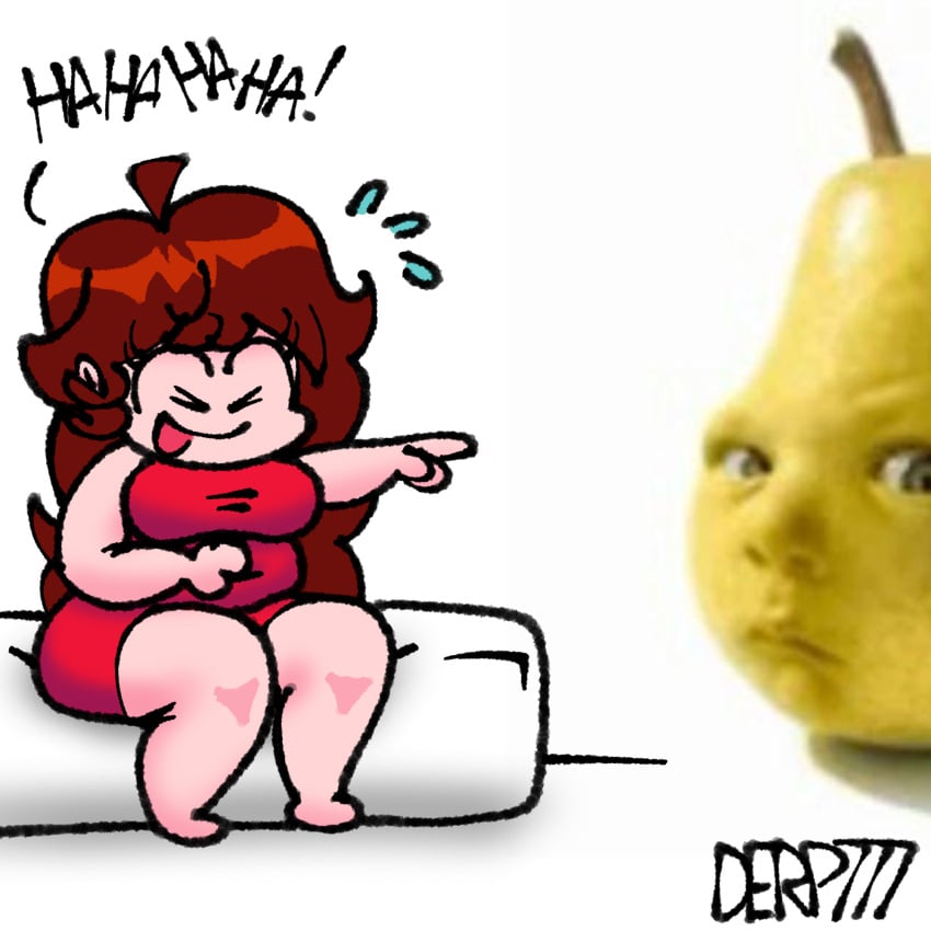 brown_hair chubby color cry_about_it derp777 dialogue fat friday_night_funkin girlfriend_(friday_night_funkin) laughing laughing_at_viewer matress meme no_shoes pear_shaped pink_skin red_dress shitpost soyjak text white_background