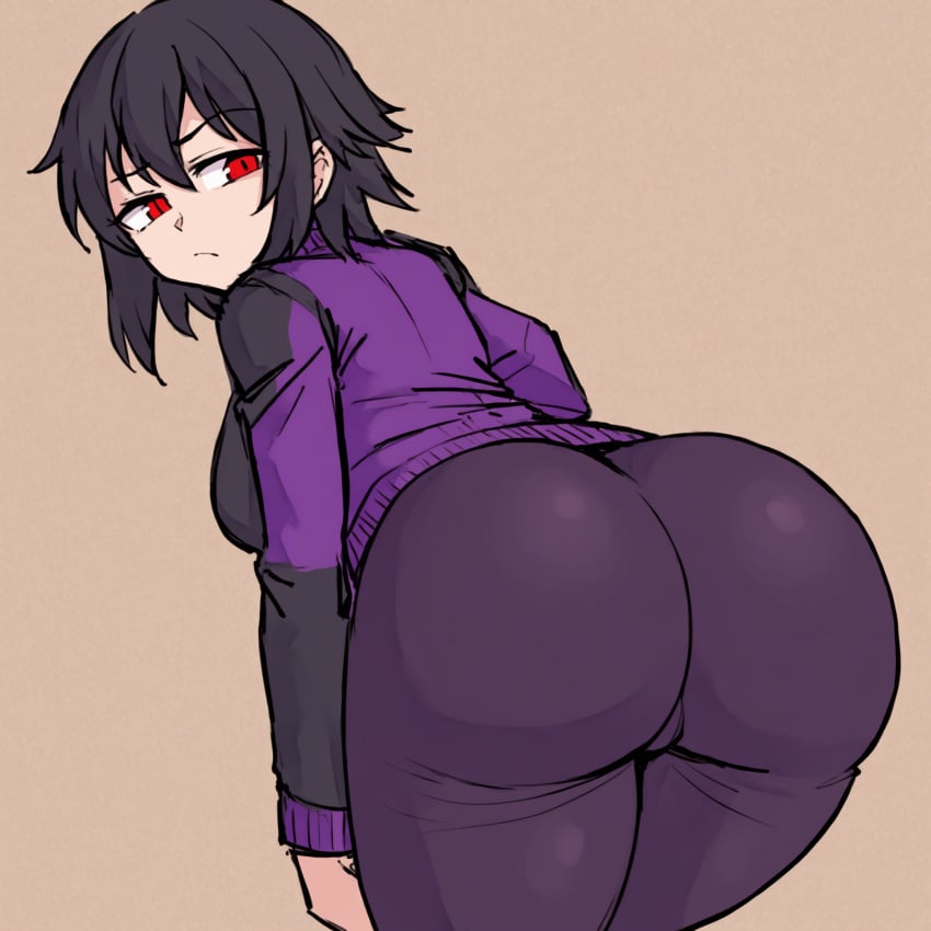 1girls ai_generated ass ass_focus bent_over black_hair fully_clothed highres king_(osmondai) large_ass looking_back oc_(osmondai) original original_character osmondai purple_jacket purple_pants red_eyes short_hair solo stable_diffusion