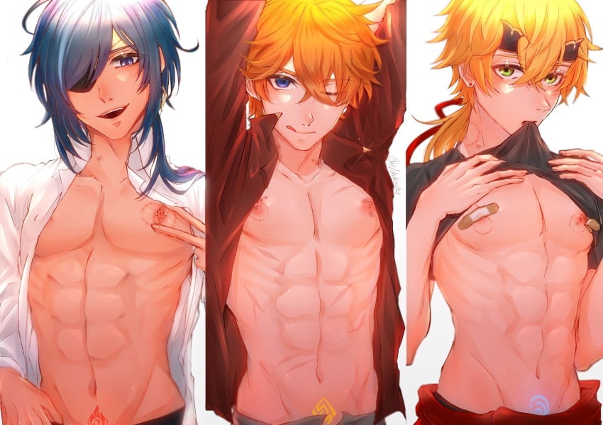 3boys abs bandages bite_marks childe_(genshin_impact) gay genshin_impact kaeya_(genshin_impact) nchuke0721 nipples thoma_(genshin_impact) twink yaoi