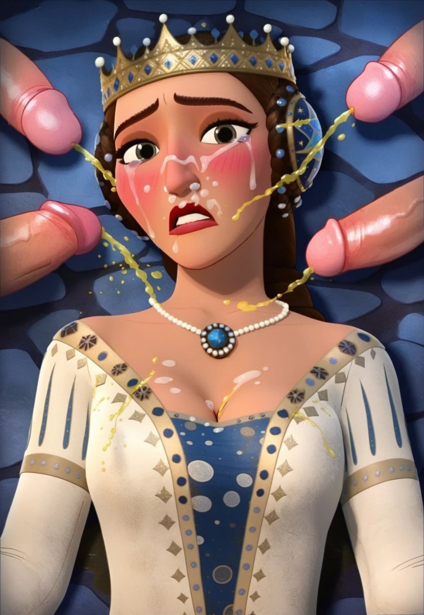 ai_generated braid braided_hair crown crying cum cum_on_breasts cum_on_face defeated disney female female_focus gangbang jewelry milf peeing penis queen_amaya rape sex teeth urination urine wish_(film)