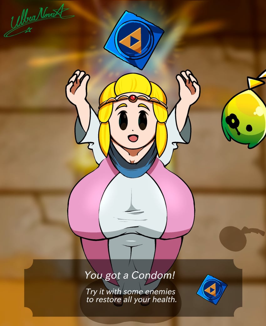 1girls 1other alternate_version_available big_breasts blonde_hair breasts clothed clothed_female condom condom_wrapper female full_body item item_description open_mouth open_smile presenting princess_zelda smile text the_legend_of_zelda:_echoes_of_wisdom tri_(zelda) ultrabignova zelda_(echoes_of_wisdom)