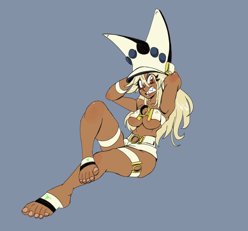 big_breasts blonde_hair brown_skin feet guilty_gear guilty_gear_strive guilty_gear_xrd hat lemuzaurio pink_eyes ramlethal_valentine sharp_teeth sitting skimpy_clothes