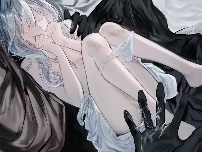 1boy black_gloves breasts brown_cloak cloak closed_eyes dress female gloves hair_between_eyes heroine_(homicipher) highres homicipher legs_up long_hair lying medium_breasts mr._hood on_back panties seraharuko sidelocks sweat underwear white_dress white_hair white_panties