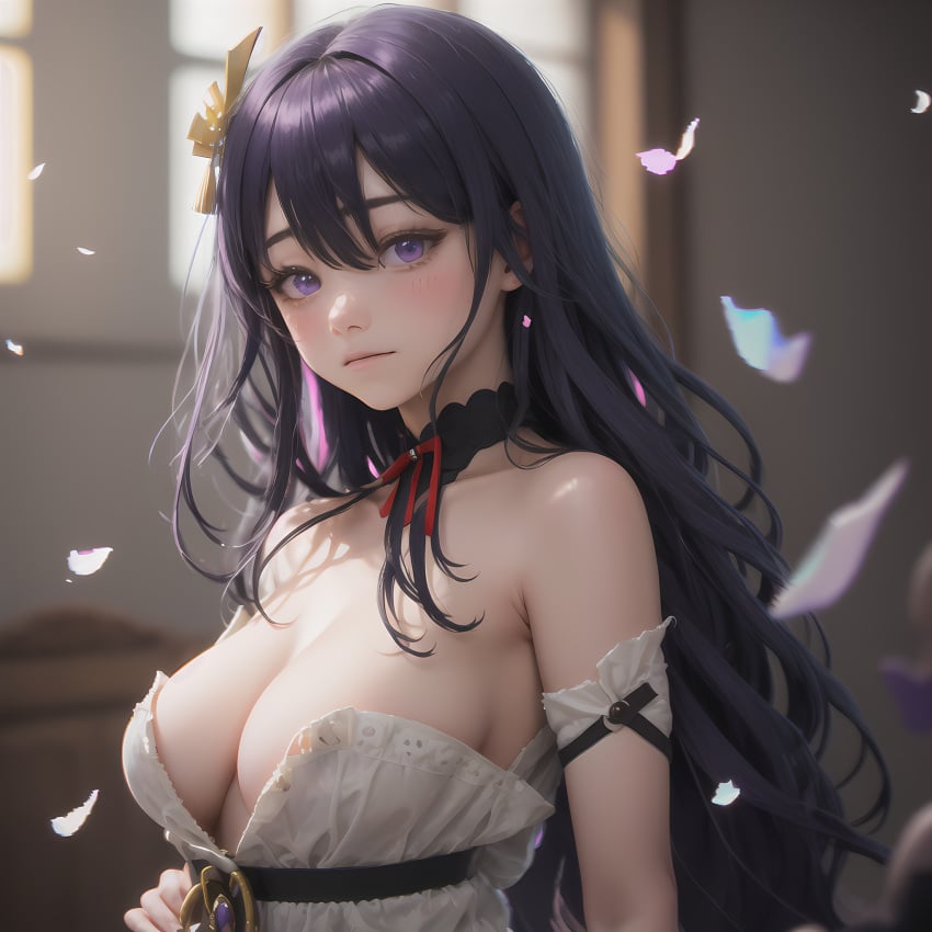 1girls ai_generated big_breasts blush breasts clothed_female clothing exposed_shoulders female female_focus female_only genshin_impact hair hair_ornament light-skinned_female light_skin long_hair looking_at_viewer purple_eyes purple_hair raiden_shogun ribbon stable_diffusion