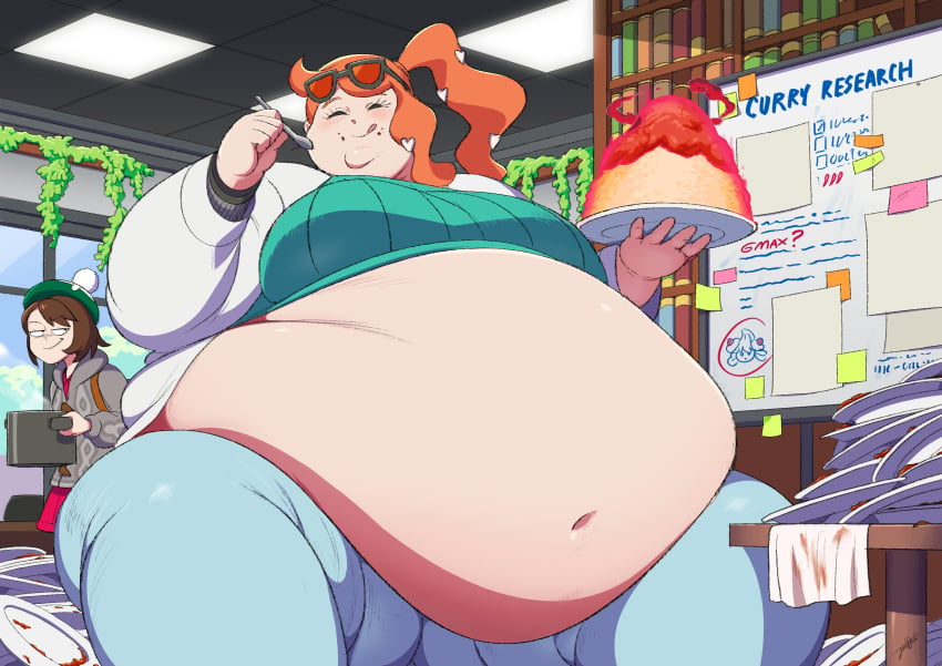 2020 bbw big_belly eating fat_belly feeding female female female_focus female_only girl gloria_(pokemon) huge_belly jeetdoh lab_coat large_belly orange_hair pokemon sonia_(pokemon) ssbbw weight_gain