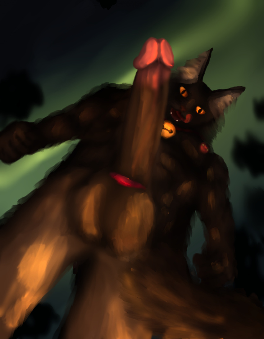 absurd_res anthro anthro_only balls bell bell_collar christmas collar domestic_cat erection felid feline felis folklore genitals glans hi_res holidays licking licking_lips looking_at_viewer male male/male mammal moonringred mythology nightmare_husbando nipple_piercing nipples penis piercing public_domain pupils slit_pupils solo tongue yule_cat