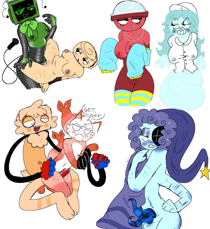 2_penises 4_arms astro_(dandy's_world) blanket_grab breasts connie_(dandy's_world) cuntboy dandy's_world dandys_world derp_eyes diphallia diphallism female femboy futanari genital_fluids gigi_(dandy's_world) goob_(dandy's_world) intersex knot male mastectomy_scar missionary_position multi_arm multi_genitalia multi_limb multi_penis penis pussy pussy_juice robot scars see-through_clothing shelly_(dandy's_world) shrimpo_(dandy's_world) stretch_marks thighhighs vee_(dandy's_world)