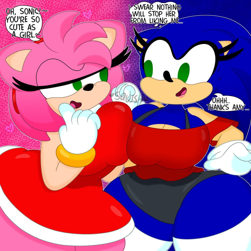 2girls 3barts amy_rose big_breasts dialogue female furry genderswap_(mtf) rule_63 sonic_(series) sonic_the_hedgehog sonic_the_hedgehog_(series) speech_bubble thick_thighs wide_hips yuri