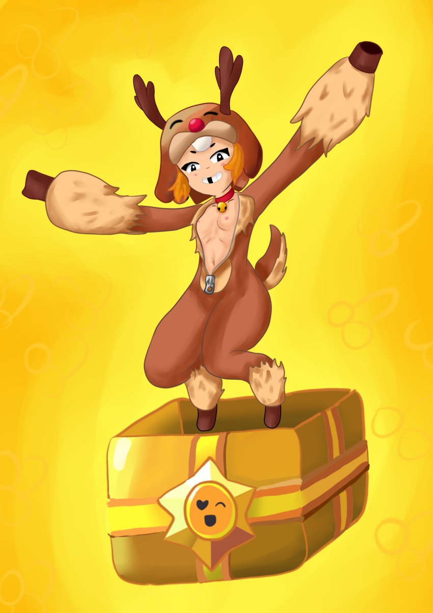 1girls bonnie_(brawl_stars) brawl_stars female flat_chest missing_tooth nipples reindeer reindeer_antlers reindeer_bonnie_(brawl_stars) reindeer_costume smile solo tail zipper