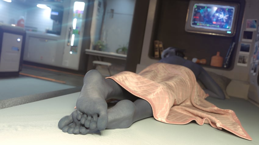 1girls 3d alien asari bed bioware blue_skin feet female female_only foot_fetish foot_focus liara_t&#039;soni looking_back lying_on_bed lying_on_stomach mass_effect nexrenders nude soles solo solo_female toes towel