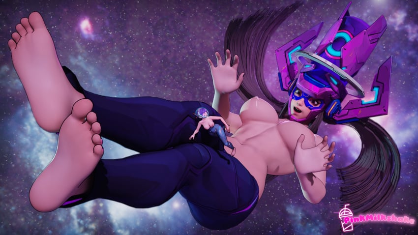 2girls 3d black_hair blender blizzard_entertainment breastmilk feet foot_fetish galacta galacta_(marvel_rivals) giantess juno_(overwatch) lactation large_breasts long_hair marvel marvel_rivals nebula open_mouth overwatch overwatch_2 pinkmilkshake purple_hair size_difference smiling space stars tight_clothes topless yuri yuri