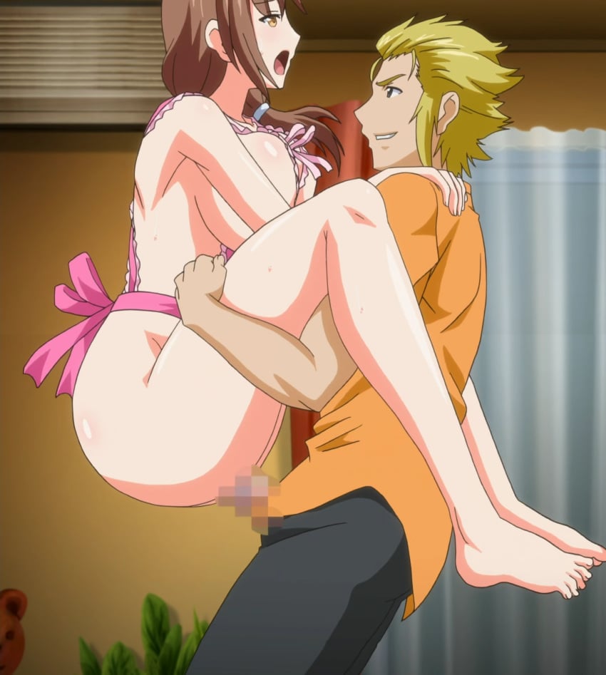 10s 1boy 1girls apron ass bangs bare_shoulders barefoot black_legwear blonde_hair blush bouncing_breasts breasts brown_hair carrying carrying_partner censored cleavage clothed_male_nude_female clothed_sex clothes_between_breasts collarbone edit edited eyebrows eyebrows_visible_through_hair feet female female_penetrated gluteal_fold grabbing groin hair_ornament hairclip half-closed_eyes held_up hiura_shiori huge_breasts indoors irrumatio large_breasts long_hair male male/female male_penetrating male_penetrating_female moaning mosaic_censoring naked_apron nude open_mouth penis pink_apron rape sex shiny shiny_skin shirt side_ponytail spread_legs stand_and_carry_position straight suspended_congress teacher teeth thigh_grab tongue tongue_out vaginal_penetration wanna_spartansex_spermax!!! yellow_eyes