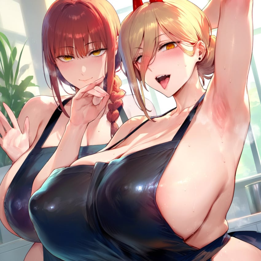 2girls ai_generated apron big_breasts chainsaw_man curvy_female depressu looking_at_viewer makima_(chainsaw_man) mommy_kink nipple_bulge power_(chainsaw_man) tongue_out