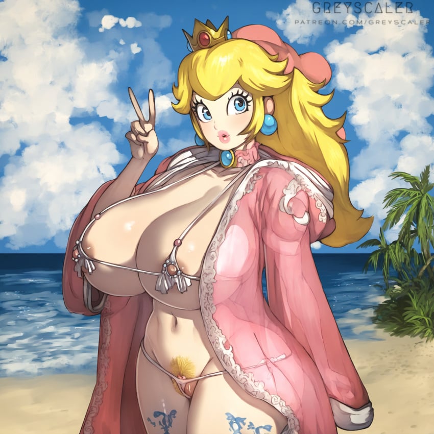 ai_assisted ai_generated alternate_version beach blonde_hair blue_eyes curvy curvy_female curvy_figure female female_only greyscaler huge_breasts leg_tattoo long_hair mario_(series) micro_bikini micro_panties nintendo nipples ocean pink_clothing princess_peach pubic_hair robe sand see-through see-through_clothing solo_female solo_focus tagme tattoo thick_thighs venus_body voluptuous voluptuous_female wide_hips