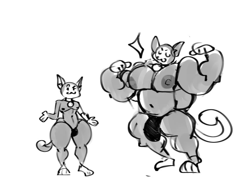 bara biceps black_mankini brawl_stars breasts buff cat_ears cat_tail feline flex flexing flexing_arms flexing_muscles kit_(brawl_stars) mankini muscular muscular_male pecs