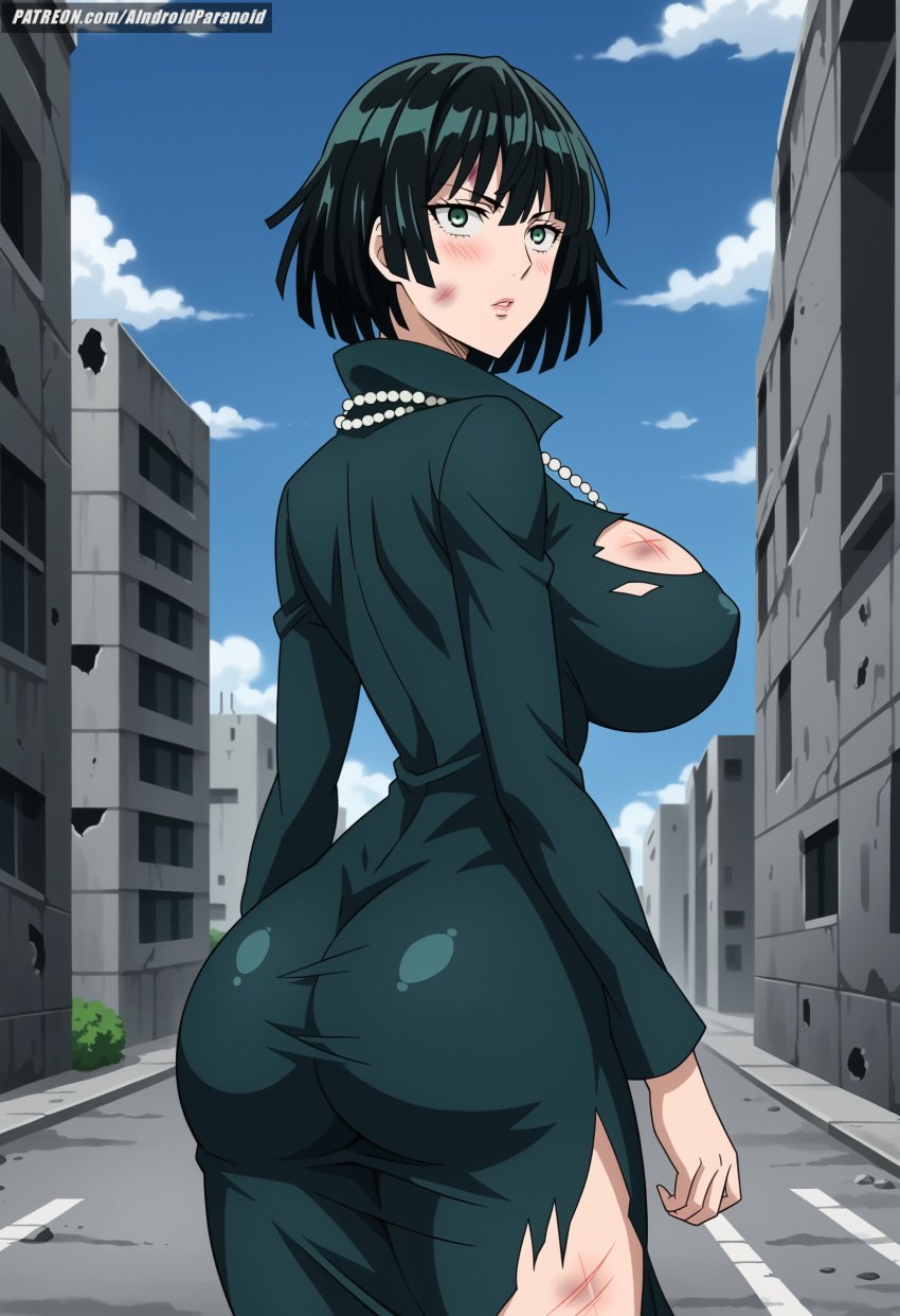 ai_generated aindroidparanoid ass big_ass big_breasts big_butt busty curvy cute fat_ass female female_only fubuki_(one-punch_man) green_dress green_eyes green_hair hips huge_ass huge_breasts large_ass large_breasts legs massive_ass massive_breasts narrow_waist one-punch_man ripped_clothing short_hair slim_waist stable_diffusion thick_ass thick_thighs torn_clothes torn_clothing voluptuous waist wide_hips