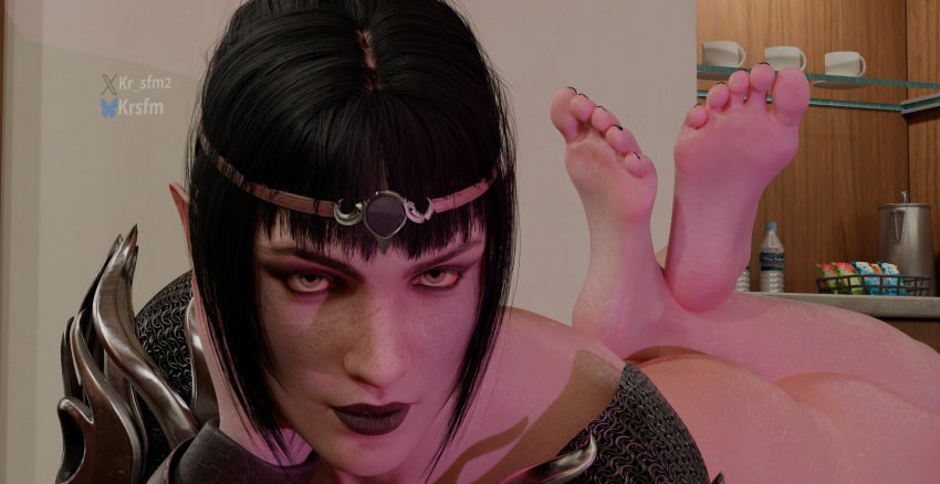 barefoot black_hair black_toenails blender blender_(software) blender_cycles elf feet feet_fetish feet_up female kr_sfm looking_at_viewer partially_clothed shadowheart shoulder_armor soles toenail_polish toes