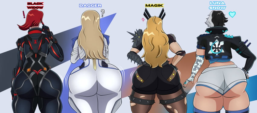 4girls ass ass ass_comparison ass_focus ass_size_chart ass_size_difference big_ass big_butt black_widow_(marvel) black_widow_(marvel_rivals) blonde_hair blueartfiend bodysuit dagger_(marvel) dagger_(marvel_rivals) female huge_ass illyana_rasputin large_ass luna_snow luna_snow_(marvel_rivals) magik_(illyana_rasputin) magik_(marvel_rivals) marvel marvel_rivals multicolored_hair natasha_romanoff red_hair shorts tandy_bowen tight_clothing