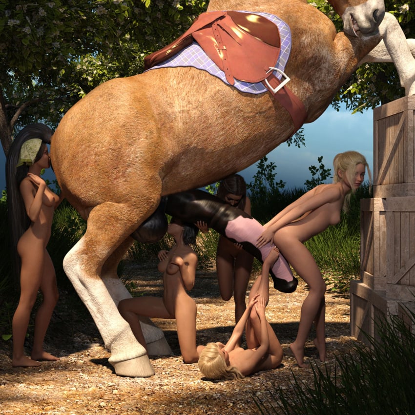 3d 3d_(artwork) 3dx 5girls animal_genitalia animal_penis balls ballsack beast_rimming black_hair blonde_female blonde_hair daz3d daz_studio foot_play footjob forest grinding grinding_on_penis hair_accessory hair_ornament holding_penis horse horse_penis horseballs horsecock hyper_balls hyper_penis kissing_balls outdoors rimjob rimming size_difference wrecked3d zoophilia