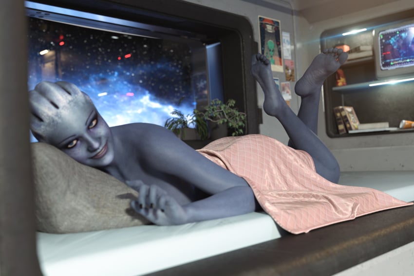 1girls 3d alien asari bed bioware blue_eyes blue_skin feet feet_up female female_only foot_fetish foot_focus liara_t&#039;soni looking_at_viewer lying_on_bed lying_on_stomach mass_effect nexrenders nude soles solo solo_female the_pose toes towel