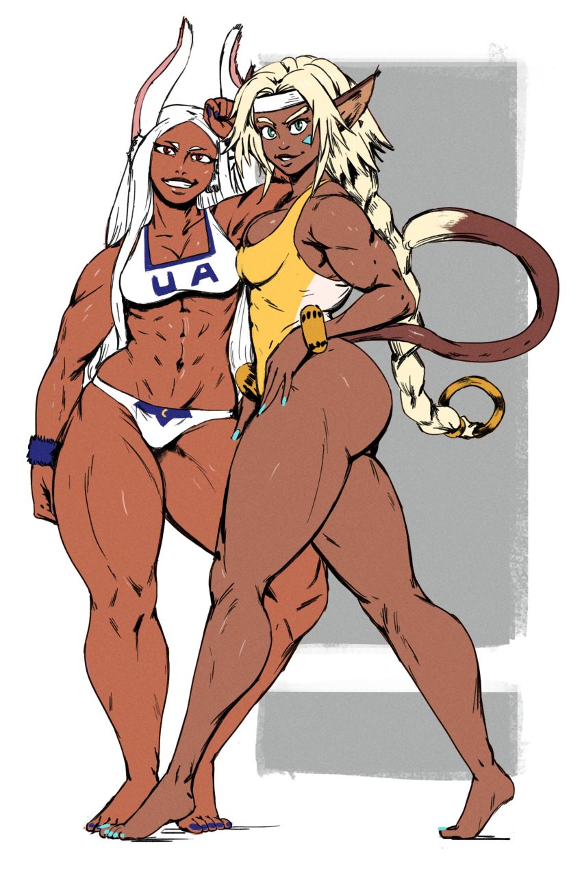 2girls abs blackredtac blonde_hair blue_eyes brown_eyes bunny_ears bunny_girl cat_ears cat_tail cuffs dark-skinned_female dark_skin hair_ornament hair_ring headband jewelry looking_at_viewer mirko miruko muscular muscular_arms muscular_female muscular_legs muscular_thighs my_hero_academia one-piece_swimsuit painted_nails panties redblacktac ring_in_hair rumi_usagiyama smiling smiling_at_viewer smirk smirking smirking_at_viewer sports_bra tail unknown_character white_hair wristband