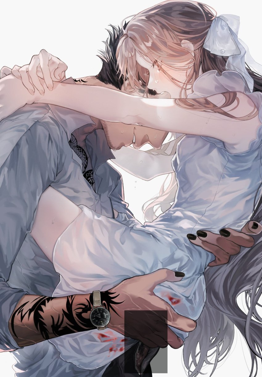 1boy arm_tattoo blood blush bow brown_hair carrying carrying_person crying dress female hairbow highres long_hair open_mouth original pussy_juice seraharuko simple_background straight tattoo vaginal_penetration very_long_hair watch wavy_hair white_background white_bow white_dress wristwatch