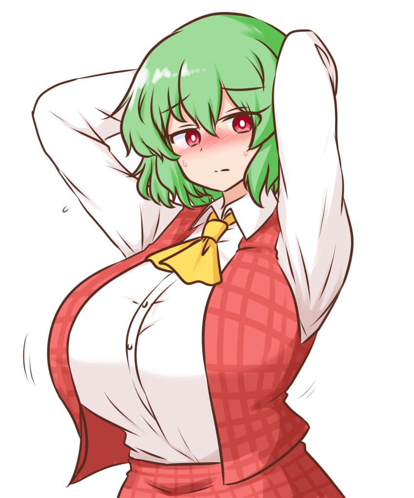 alternate_costume bare_shoulders blush breasts cloak commentary_request female green_hair huge_breasts kazami_yuuka looking_at_viewer mizusoba pout red_cloak red_eyes short_hair simple_background solo sweatdrop sweater sweater_vest touhou turtleneck turtleneck_sweater upper_body water_noodle white_background white_sweater_vest yuka_kazami