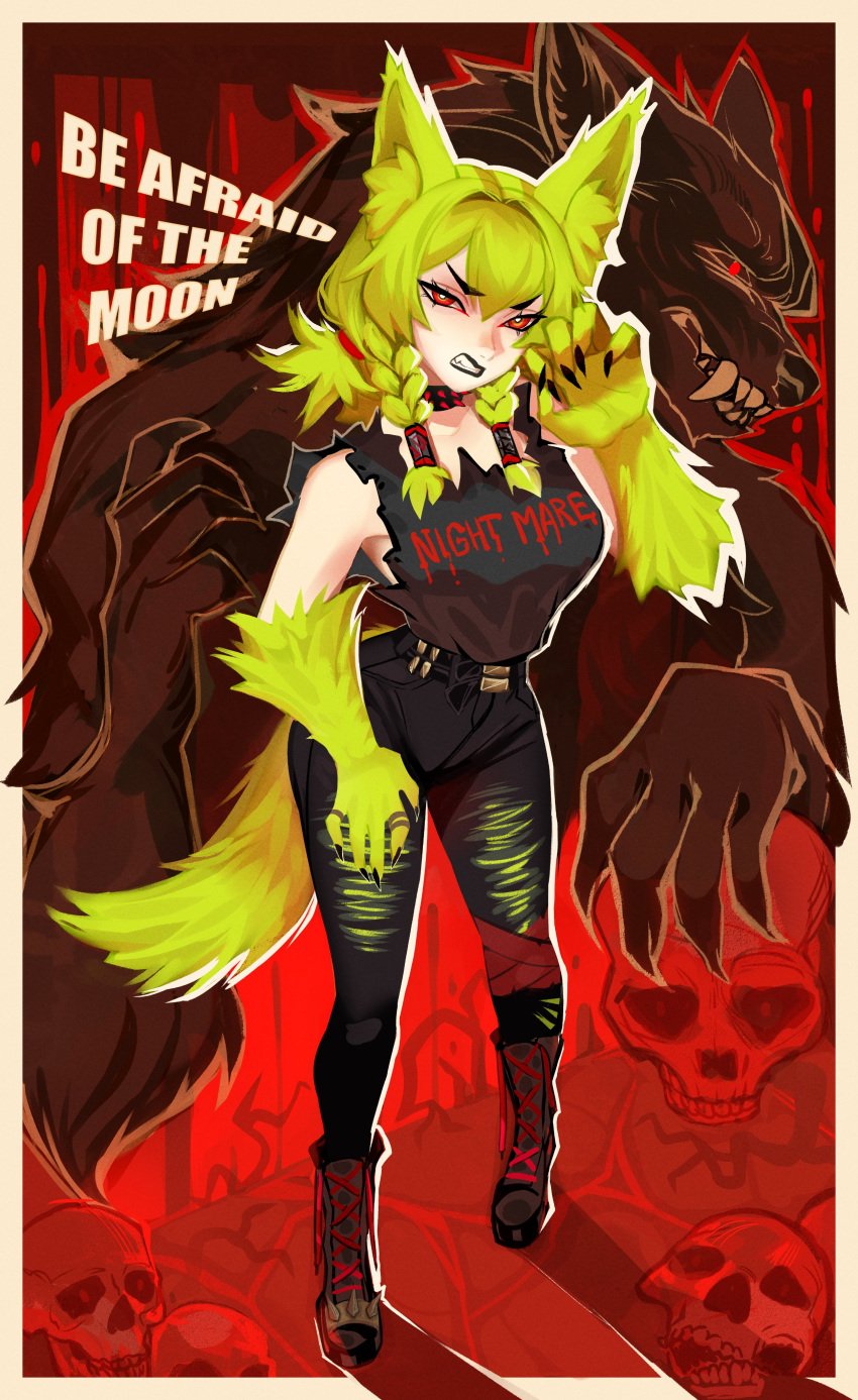 1girls absurd_res angry_face arm_fur black_fingernails black_lips boots clothed clothing english_text female female_only green_fur green_hair light-skinned_female light_skin looking_at_viewer low_twintails maewix1 red_eyes sharp_fingernails solo teeth_clenched text twin_braids werewolf_girl wolf_ears wolf_girl wolf_tail