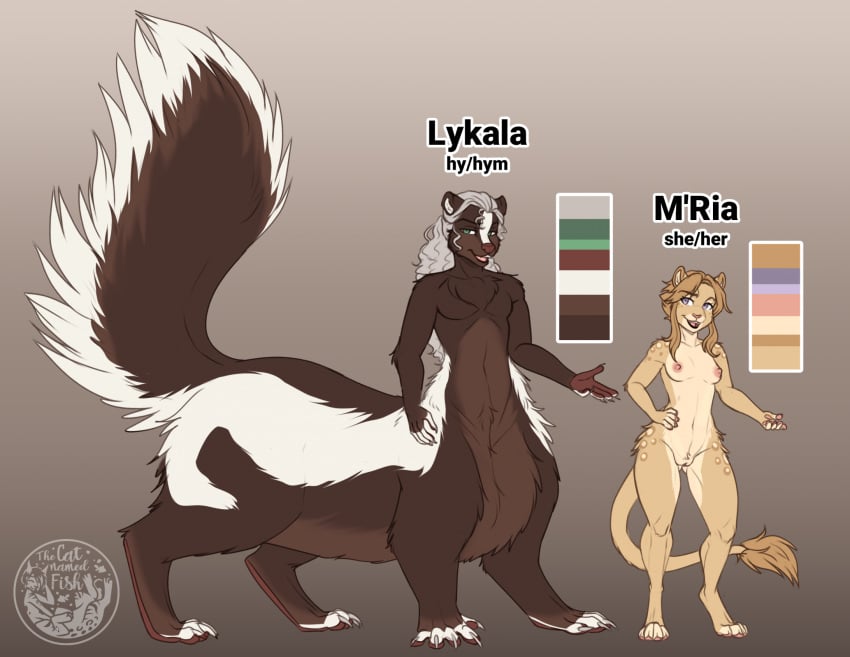 2024 anthro black_body black_fur breasts caitian chakona_space digitigrade duo felid female fluffy fluffy_tail fur genitals green_eyes grey_hair hair hi_res lykala_(thecatnamedfish) m&#039;ria_(thecatnamedfish) male mammal mammal_taur mephitid mephitid_taur model_sheet navel nipples nude open_mouth purple_eyes pussy skunk skunk_taur star_trek tail tail_tuft taur thecatnamedfish tuft yellow_body yellow_fur