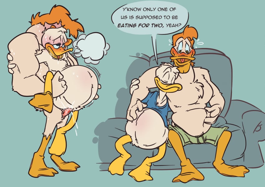 2024 anatid anseriform anthro avian beak before_and_after belly big_belly bird blush bodily_fluids bottomless bottomless_male bottomwear bulge carrying_another carrying_partner closed_eyes clothed clothing cum dialogue disney donald_duck duck ducktales duo english_text feathers feet furniture genital_fluids hair hand_on_belly hi_res koopakrazy85 launchpad_mcquack looking_pleasured male male/male membrane_(anatomy) musclegut muscular nude orange_hair overweight overweight_male penetration pregnant pregnant_male pregnant_sex sex shirt shorts sitting size_difference smile sofa speech_bubble text toes tongue tongue_out topless topless_male topwear webbed_feet white_body white_feathers